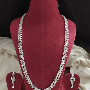 Rhodium Finish Zircon Long Haram Set – Delicate Long Necklace with Matching Earrings