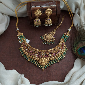 Antique Lakshmi Choker Set with Mint Beaded Layer, Matching Jhumki & Tikka