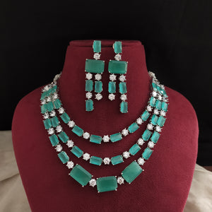 Triple Layered AD Stone Necklace Set with Dangling Earrings – Pastel Pink & Mint