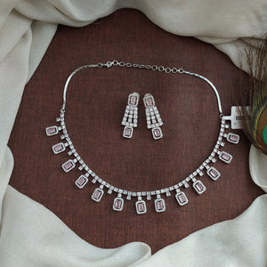 Elegant Zircon Necklace Set with Dangling Earrings – Diamond & Rhodium Finishing
