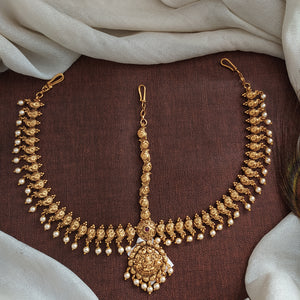 Antique Lakshmi Tikka Set with Kemp Stones | Plain Gold Finish | Triple-Layered Hair Accessory