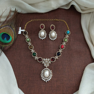 Victorian Gold Finish Zircon Necklace Set with Matching Earrings – Navaratan, Baby Pink & Mint
