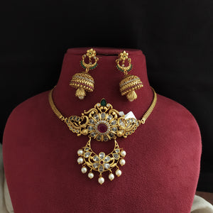 Antique Mini Choker Set with Jhumkis – Elegant Temple Style Necklace without Idol Design