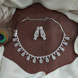 Elegant Zircon Necklace Set with Dangling Earrings – Diamond & Rhodium Finishing