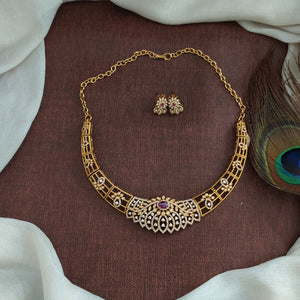 Designer Stone Hasli Necklace Set – White Stones in Antique Gold Finish