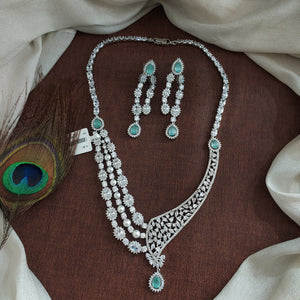 Rhodium Finish Three-Layer Zircon Necklace Set with Pearl Details