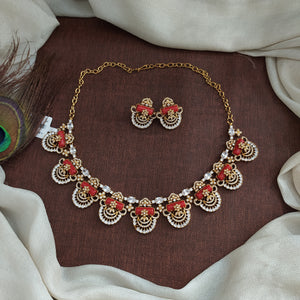 Designer Coral Necklace Set – Antique Gold Finish with White Zircons