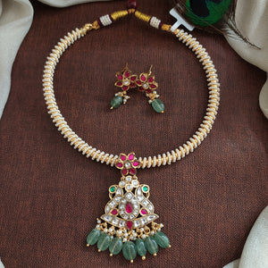 Jadau Kundan Kanti Necklace Set with Dual Peacock Locket & Pearl Hasli