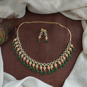 Elegant Zircon Necklace Set with Dangling Earrings – Gold-Plated & Rhodium Finishing