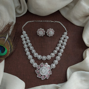 Rhodium Finish Double Layer Zircon Necklace Set with Floral Pendant & Studs | Multi-Color Options