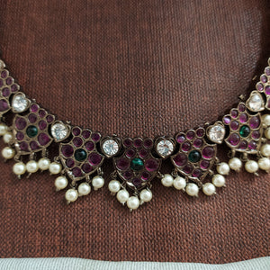 Premium Bharatanatyam Oxidised Mango Close-Neck Set with Real Araku Kemp Stones & Pearl Hangings