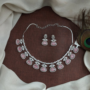 Rhodium Finish Zircon Stone Necklace Set with Matching Earrings – Multiple Colours