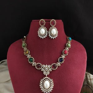 Victorian Gold Finish Zircon Necklace Set with Matching Earrings – Navaratan, Baby Pink & Mint