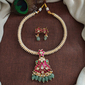 Jadau Kundan Kanti Necklace Set with Dual Peacock Locket & Pearl Hasli