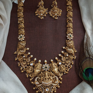 Antique Nakshi Lakshmi Haram Set with Zircons & Polki Stones – Peacock Temple Jewellery
