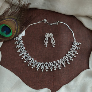 Full White Zircon Necklace Set with Pearl Tassel Detailing – Available in Silver, Diamond & Gold Finishes