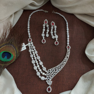 Designer Three-Layer Zircon Necklace Set with Pearl Details & Dangler Earrings