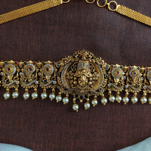 Antique Nakshi Balaji Hip Chain with Pearl Drops