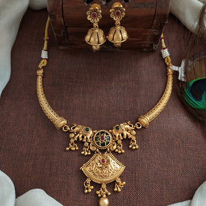 Real Gold Look Dual Elephant Kanti Necklace Set – Antique Finish Traditional Jewellery