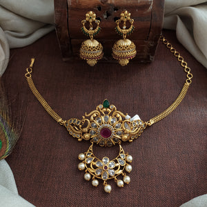 Antique Mini Choker Set with Jhumkis – Elegant Temple Style Necklace without Idol Design