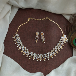 Full White Zircon Necklace Set with Pearl Tassel Detailing – Available in Silver, Diamond & Gold Finishes