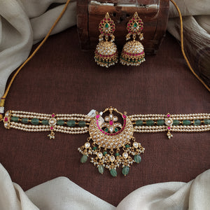 Moon Paachi Kundan Choker Set with Jhumkas – Designer Pearl Beaded Bridal Jewellery