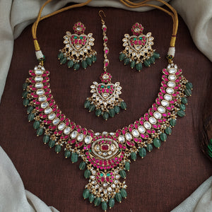 Designer Jadau Kundan Heart Necklace Set with Matching Earrings & Maang Tikka