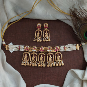 Rajwadi Antique Choker Necklace Set with Matching Earrings