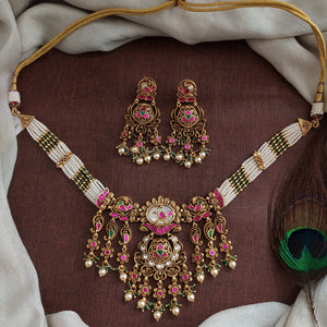 Traditional Heritage Beaded Jadau Kundan Choker Set – Adjustable High Neck Necklace with Earrings