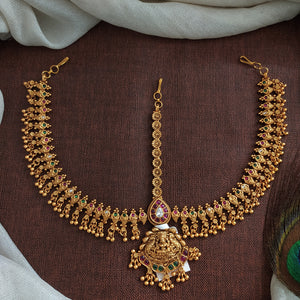 Antique Lakshmi Tikka Set with Kemp Stones | Plain Gold Finish | Triple-Layered Hair Accessory