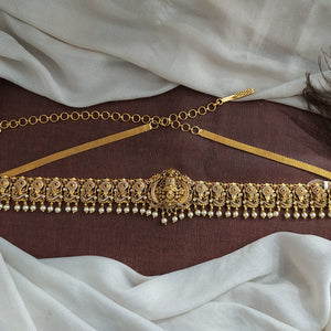 Antique Nakshi Balaji Hip Chain with Pearl Drops