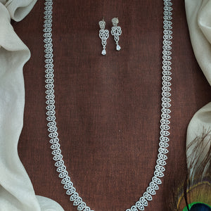 Rhodium Finish Zircon Long Haram Set – Delicate Long Necklace with Matching Earrings