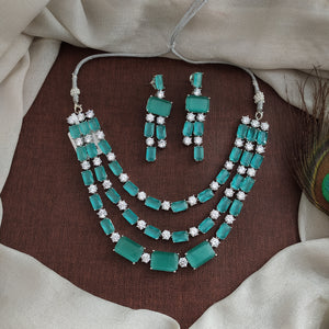 Triple Layered AD Stone Necklace Set with Dangling Earrings – Pastel Pink & Mint