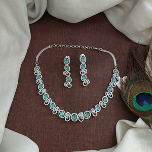 Rhodium Finish Zircon Choker Necklace Set | Mint, Baby Pink, Blue, Green & White