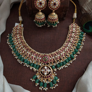 Traditional Kemp Necklace Set with Jhumkis – Pinterest-Inspired Pearl Layer Temple Jewellery