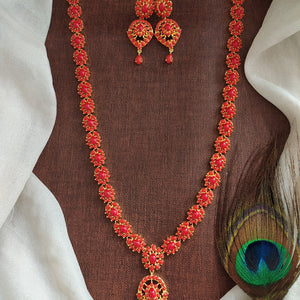 Real Color Stone AD Long Haram Set | Semi-Precious Stone Jewellery | Coral, Black, Lavender & Pearl