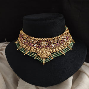 Antique Lakshmi Choker Set with Mint Beaded Layer, Matching Jhumki & Tikka