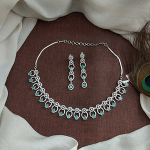 Rodium Finish Zircon Stone Necklace Set with Matching Earrings