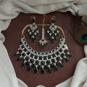Designer Heavy Zircon Bridal Necklace Set with Big AD Stones | Diamond Finish | Ruby & Emerald