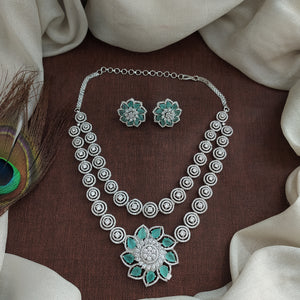 Rhodium Finish Double Layer Zircon Necklace Set with Floral Pendant & Studs | Multi-Color Options