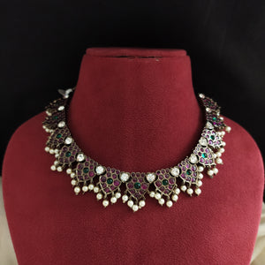 Premium Bharatanatyam Oxidised Mango Close-Neck Set with Real Araku Kemp Stones & Pearl Hangings