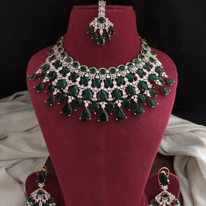 Designer Heavy Zircon Bridal Necklace Set with Big AD Stones | Diamond Finish | Ruby & Emerald