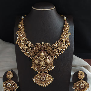 Statement Antique 3D Nakshi Lord Krishna Necklace Set with Grand Jhumkas – Temple Jewellery