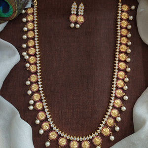 Gold-Plated Kasumalai Long Haram Set with White & Ruby Zircon Stones and Pearl Drops