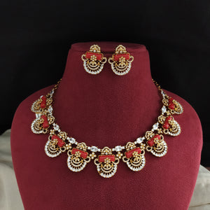 Designer Coral Necklace Set – Antique Gold Finish with White Zircons