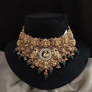 Antique Pure Silver Workmanship Lakshmi Peacock Choker Set with Kemp Stones, Jhumkas & Tikka
