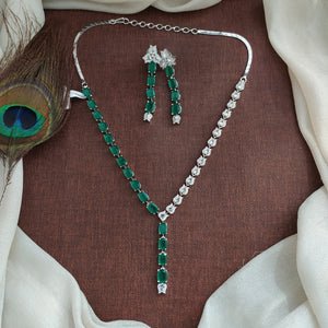 Silver Finish Minimal Zircon V Necklace Set – Colour & White Stone Party Jewellery with Dangling Earrings
