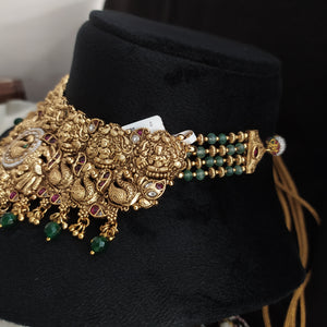 Antique Pure Silver Workmanship Lakshmi Peacock Choker Set with Kemp Stones, Jhumkas & Tikka