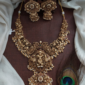 Statement Antique 3D Nakshi Lord Krishna Necklace Set with Grand Jhumkas – Temple Jewellery