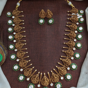 Antique Nakshi Lakshmi Long Haram Set with Kundan & Moissanite – Ruby & Green